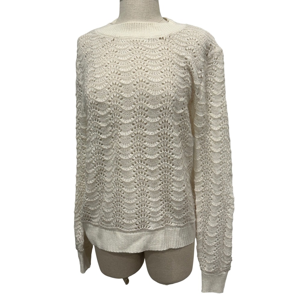 MNG Mango Womens Large Cream Wool Blend Pointelle Scallop Knit Crochet‎ Sweater
